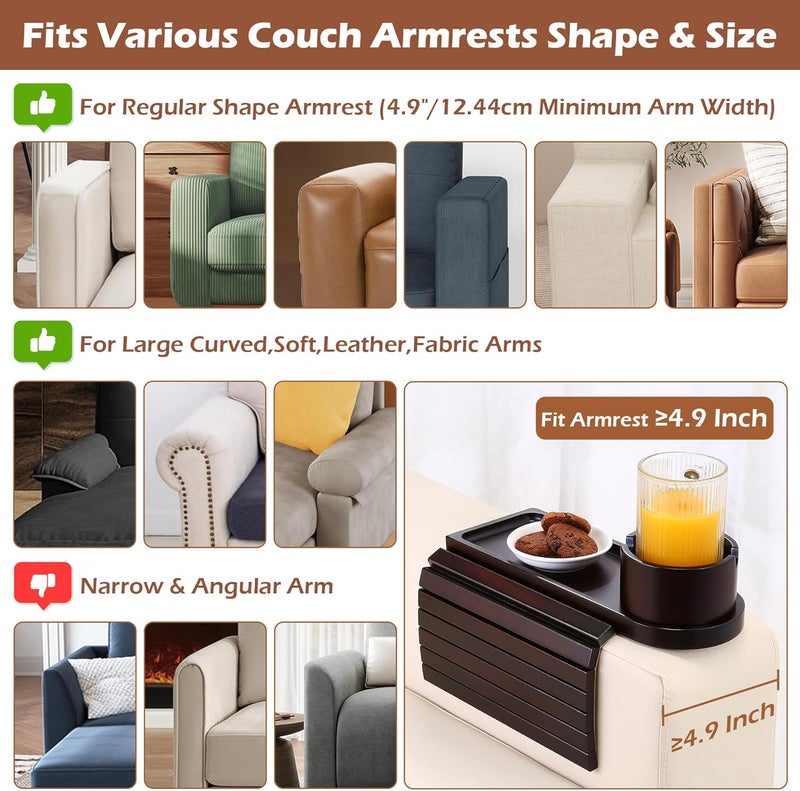 BAMTRAY Couch Cup Holder Tray, 15.75" Bamboo Cup Holder for Couch, 3 in 1 Foldable Arm Chair Clip on Side Tray Table for Remote Snack Table on Armrest - Image 2
